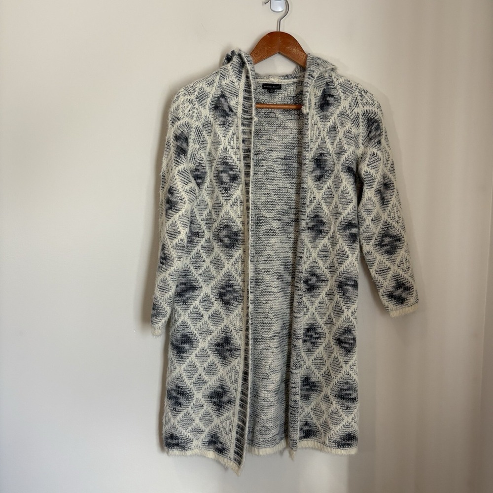 Rebecca Elliot Womens Hooded Open Cardigan Sweater Small Geometric Fuzzy Stretch